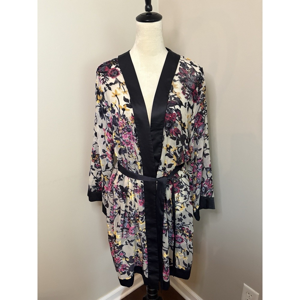 Tahari Floral Velvet Mesh Robe Belted Kimono Satin Trim Semi-sheer Size Medium